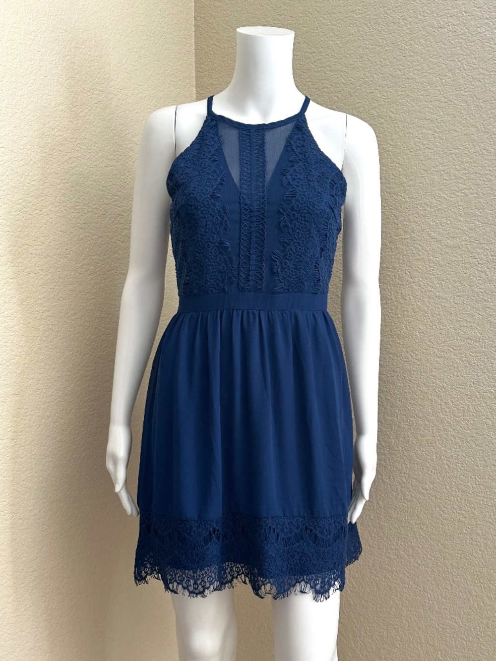 Francesca's Navy Blue Lace Trim Halter Neck Racerback Short Dress Size XS NWT